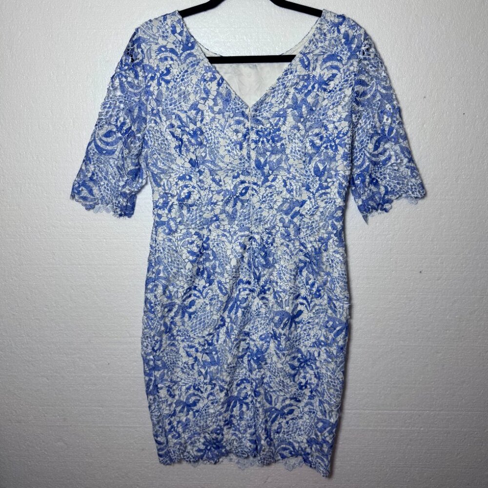 Antonio Melani Womens Size 8 Blue White Lace Floral Sheath Dress Scalloped Hem - Picture 3 of 12